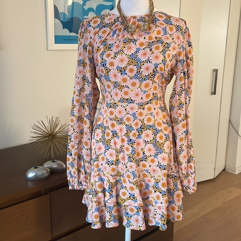 Miss Selfridge Floral Mini Dres Long Sleeve Slit Back - Picture 8 of 9